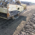 First pass over tilled subgrade with vibratory padded drum roller after initial leveling.